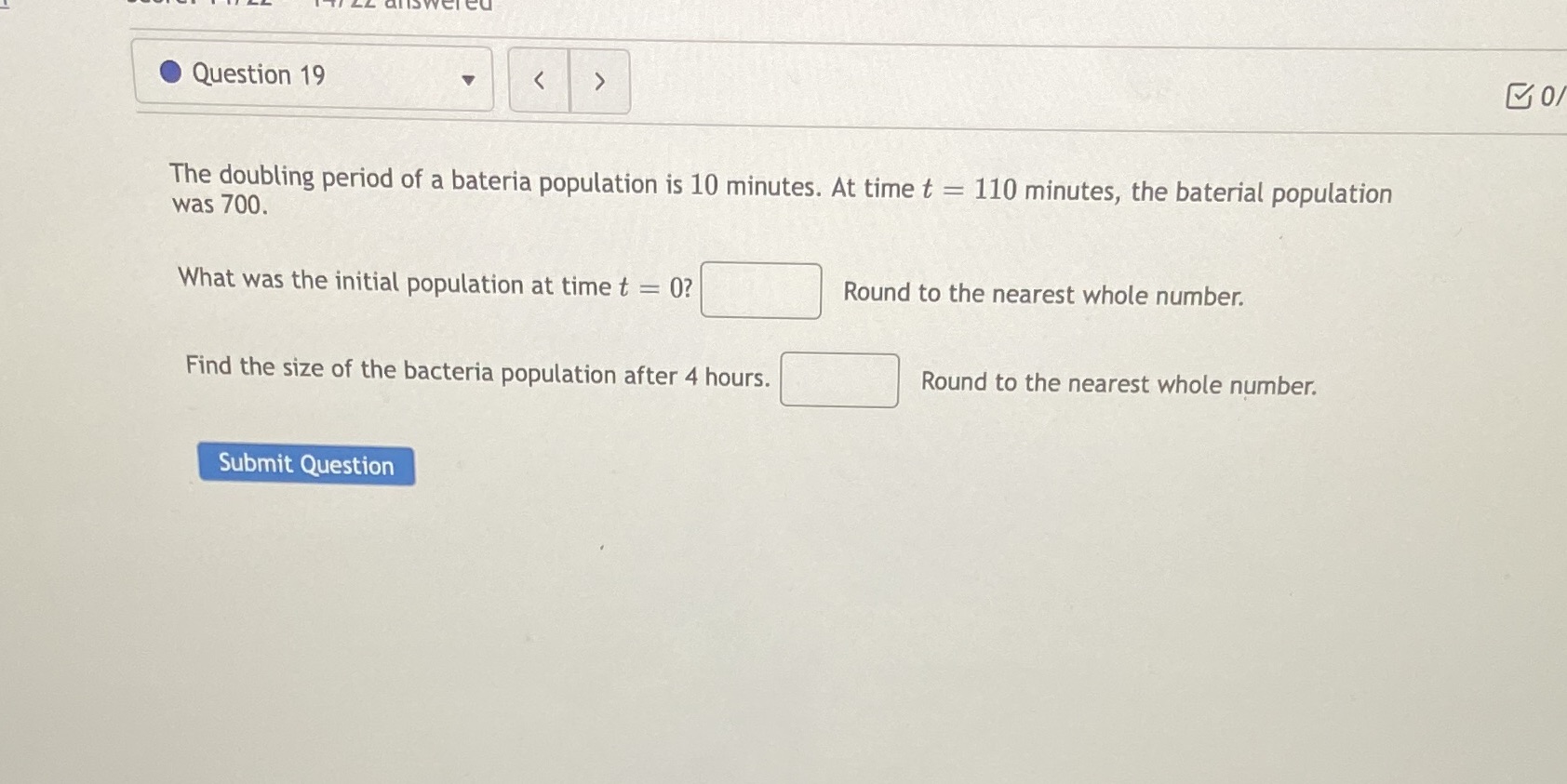 Question 19 GO/ The doubling period of a bateria