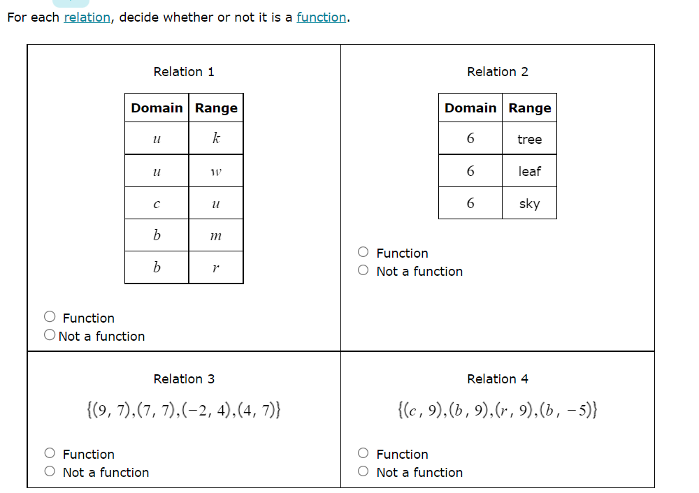 For each relation, decide whether or not it is a