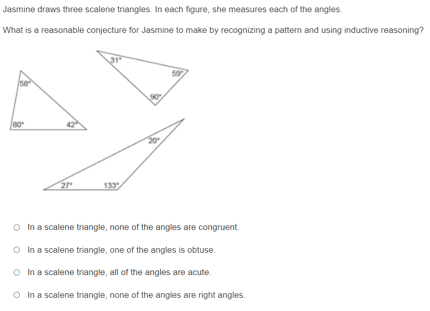 1) Jasmine draws three scalene triangles. In each