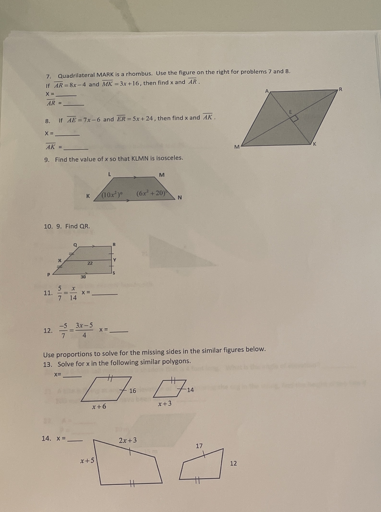 7. Quadrilateral MARK is a rhombus. Use the