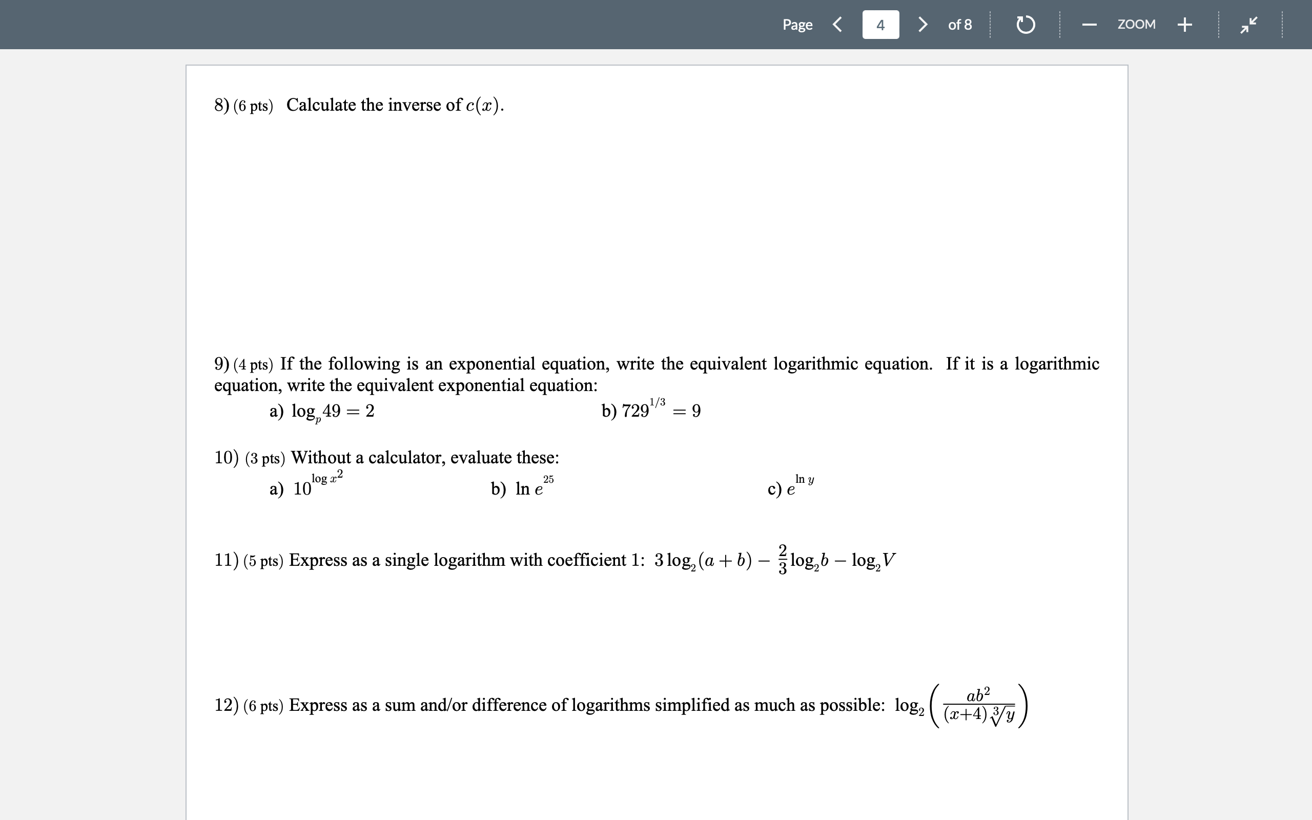 Page 4 of 8 ZOOM + 8) (6 pts) Calculate the