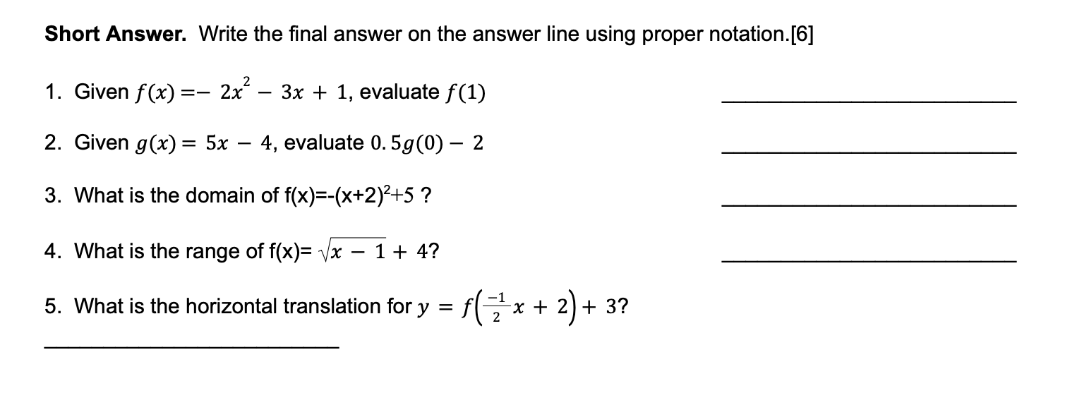 Short Answer. Write the nal answer on the answer