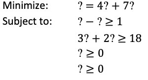 Minimize: = 4? + 7? Subject to: ? - ?21 3? + 2?  style=