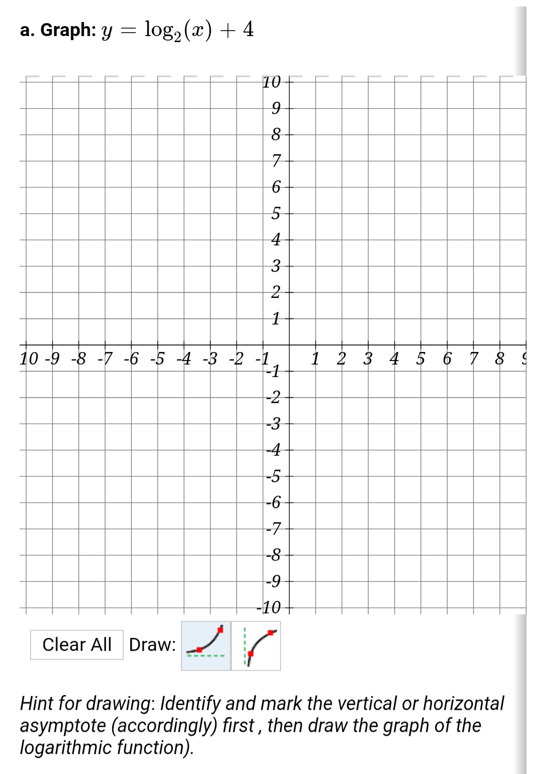 a. Graph: y = log, (x) + 4 10 10 -9 -8 -7 -6 -5