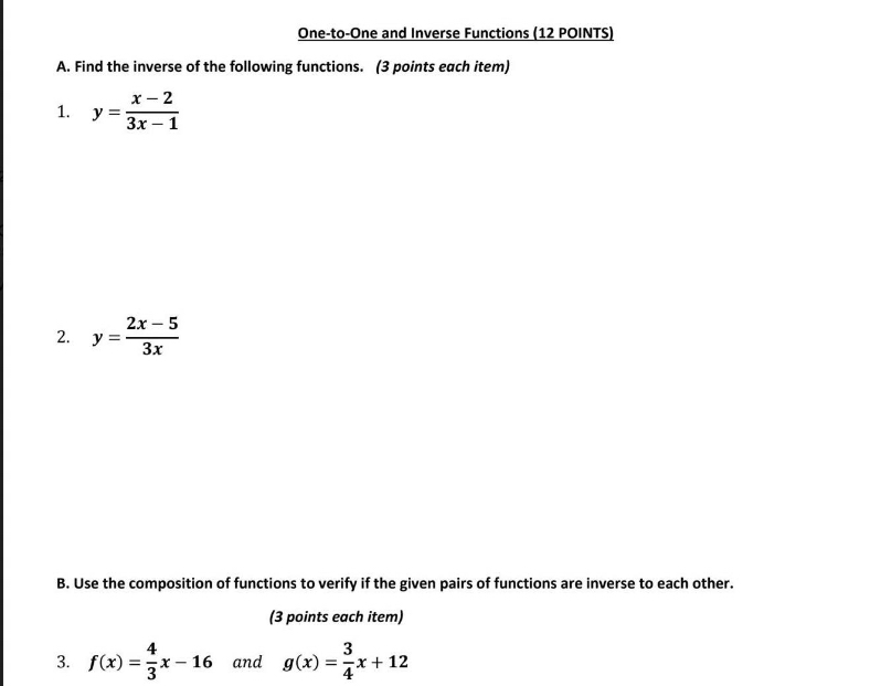 \fOne-to-One and Inverse Functions (12 POINTS) A.