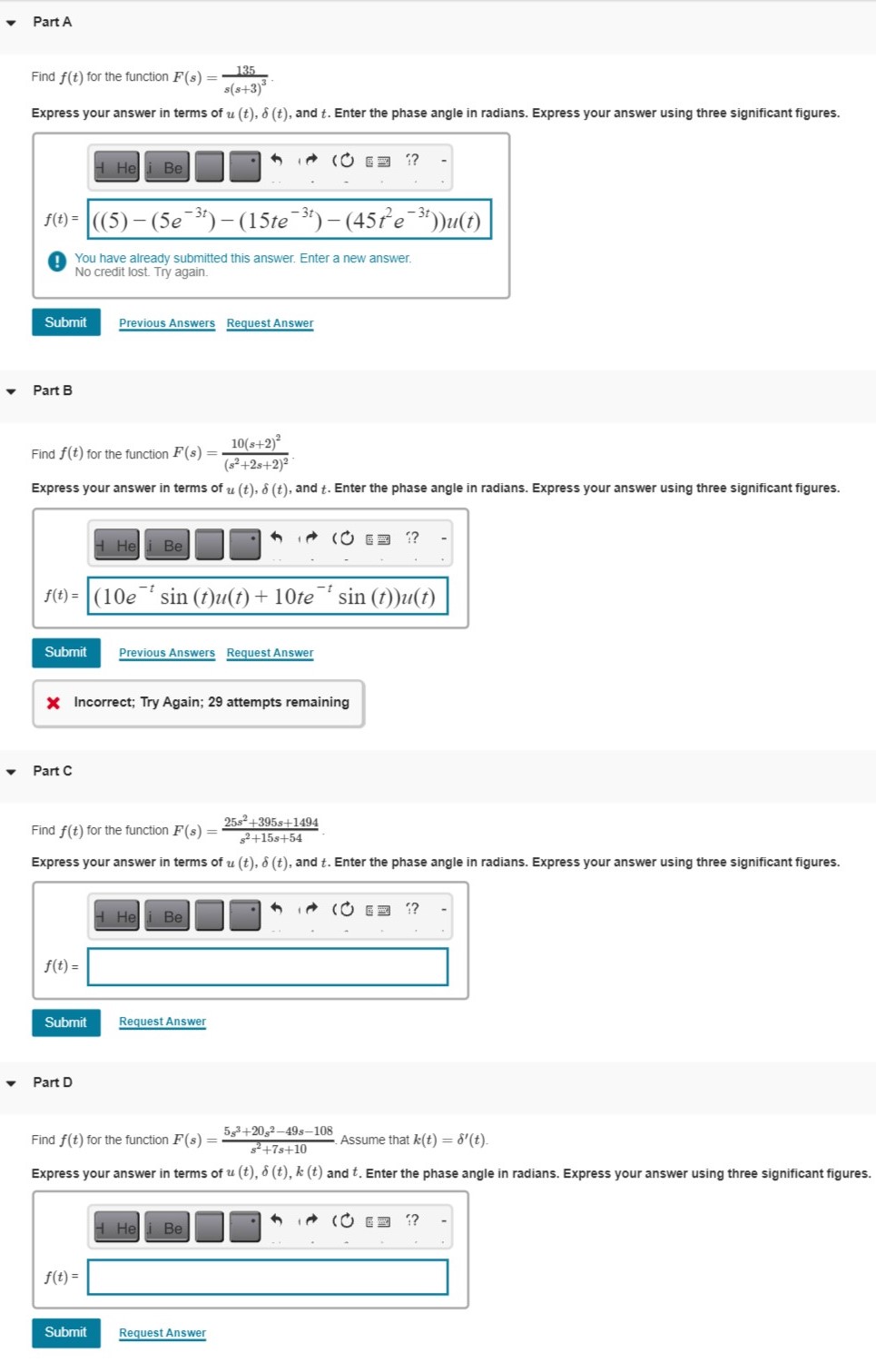 Part A Find f(t) for the function F(s) = 185