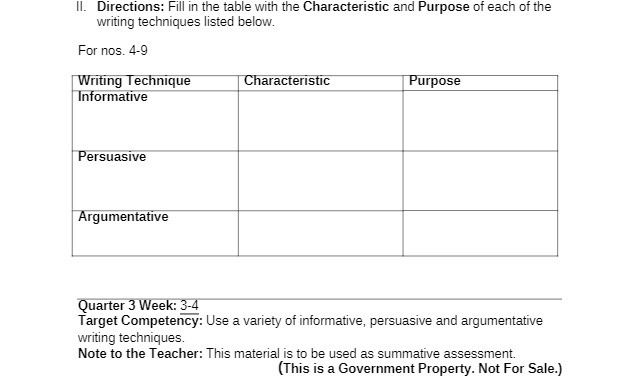 Il. Directions: Fill in the table with the