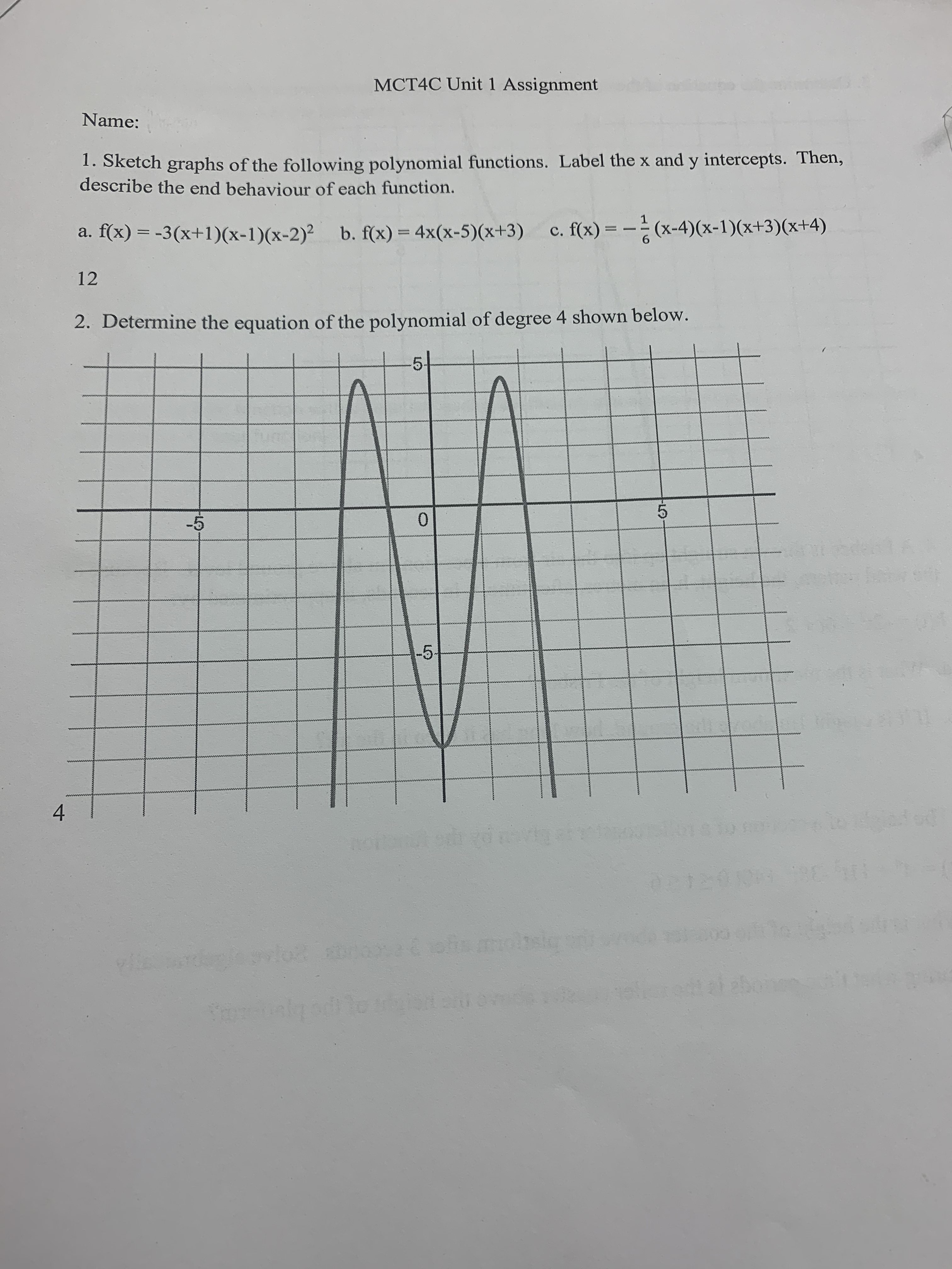 MCT4C Unit 1 Assignment Name: 1. Sketch graphs of