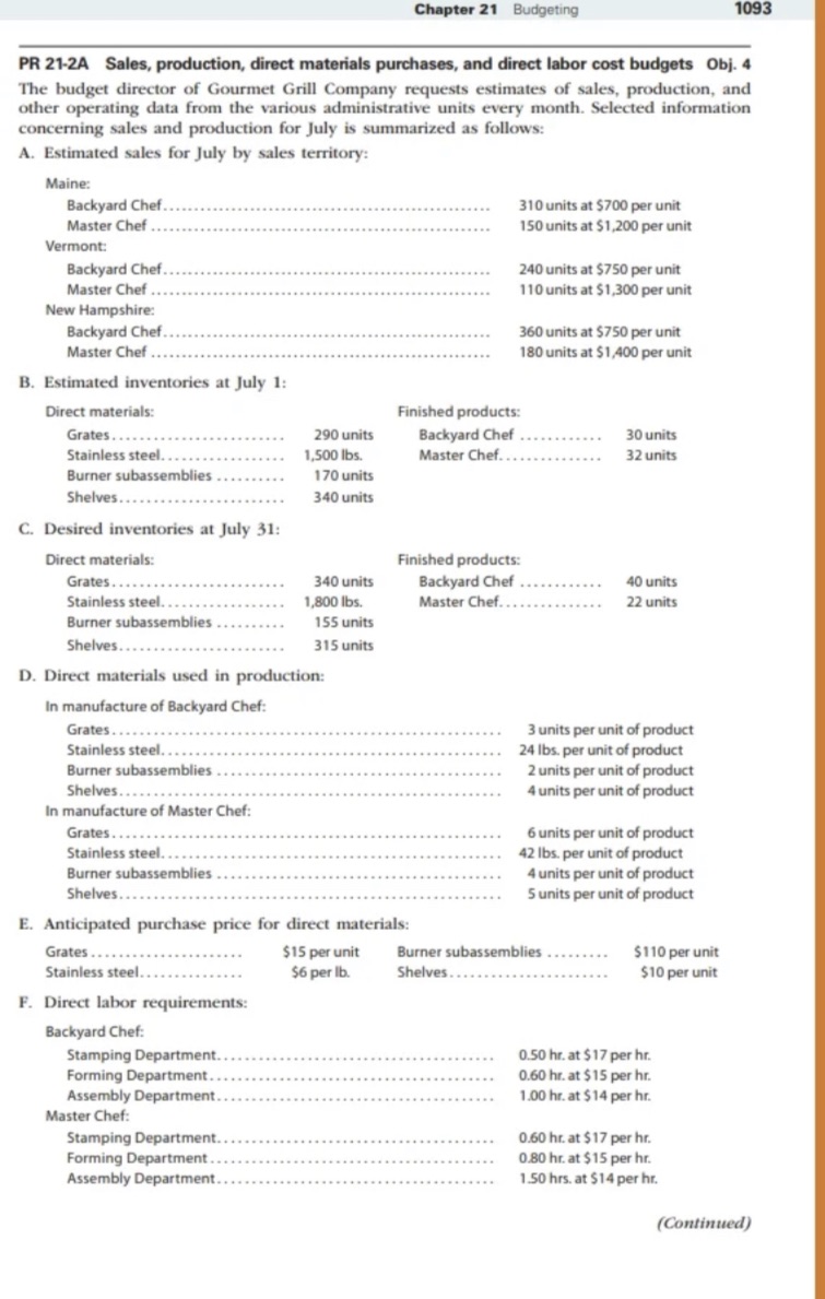 Acco 452" Chapter 21 Budgeting 1093 PR 21-2A