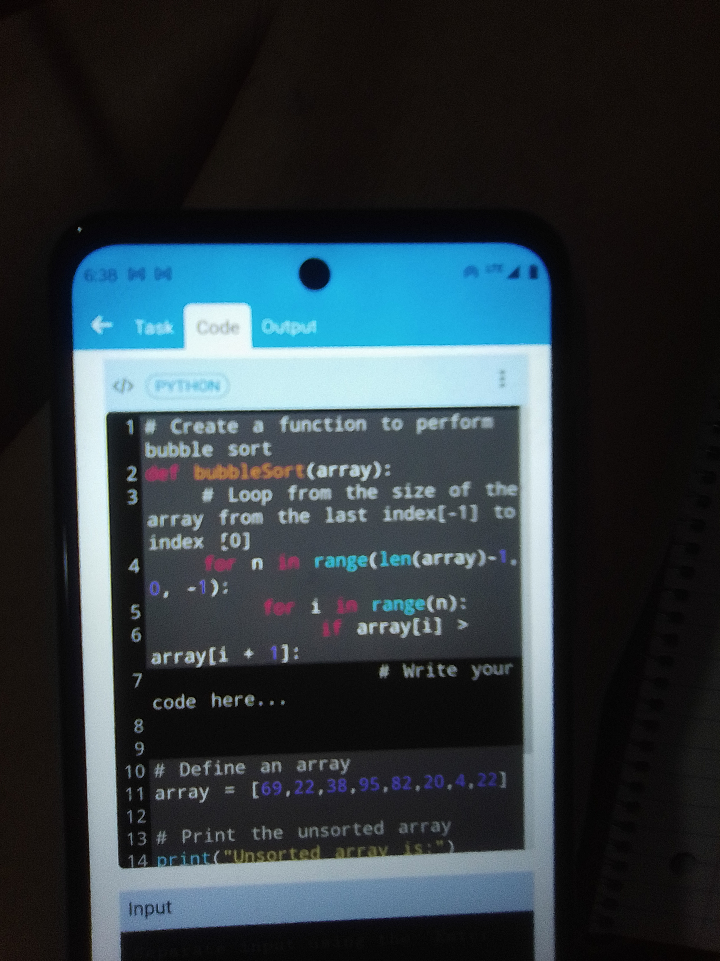 6:38 M M Task Code Output Complete the code given