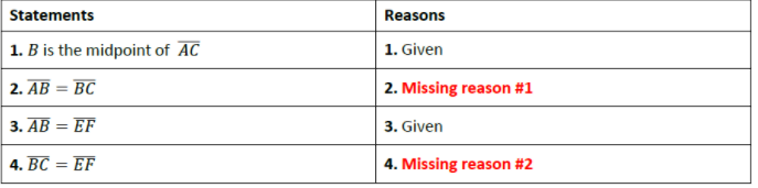 Statements Reasons 1. B is the midpoint of AC 1.
