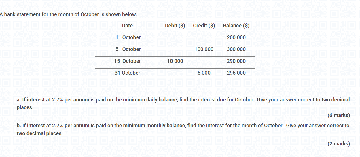 A bank statement for the month of October is