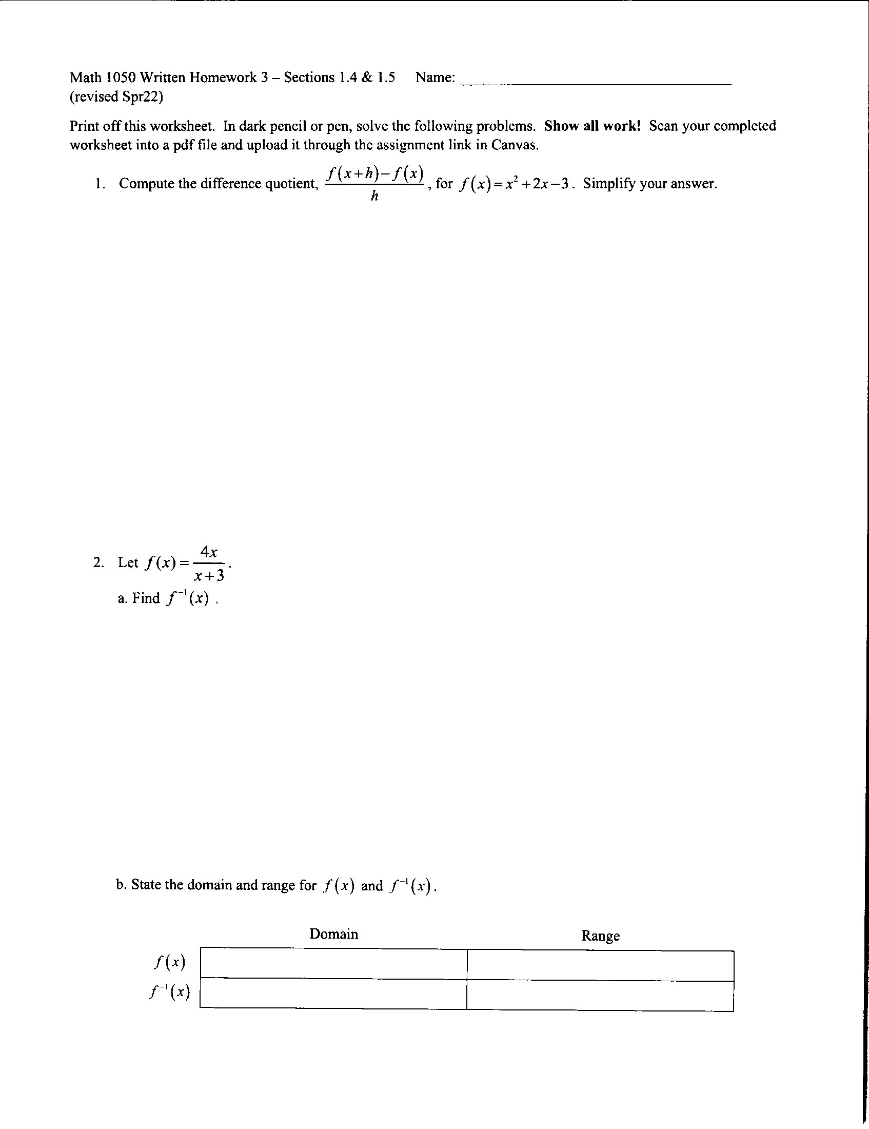 Math 1050 Written Homework 3 Sections 1.4 & 1.5