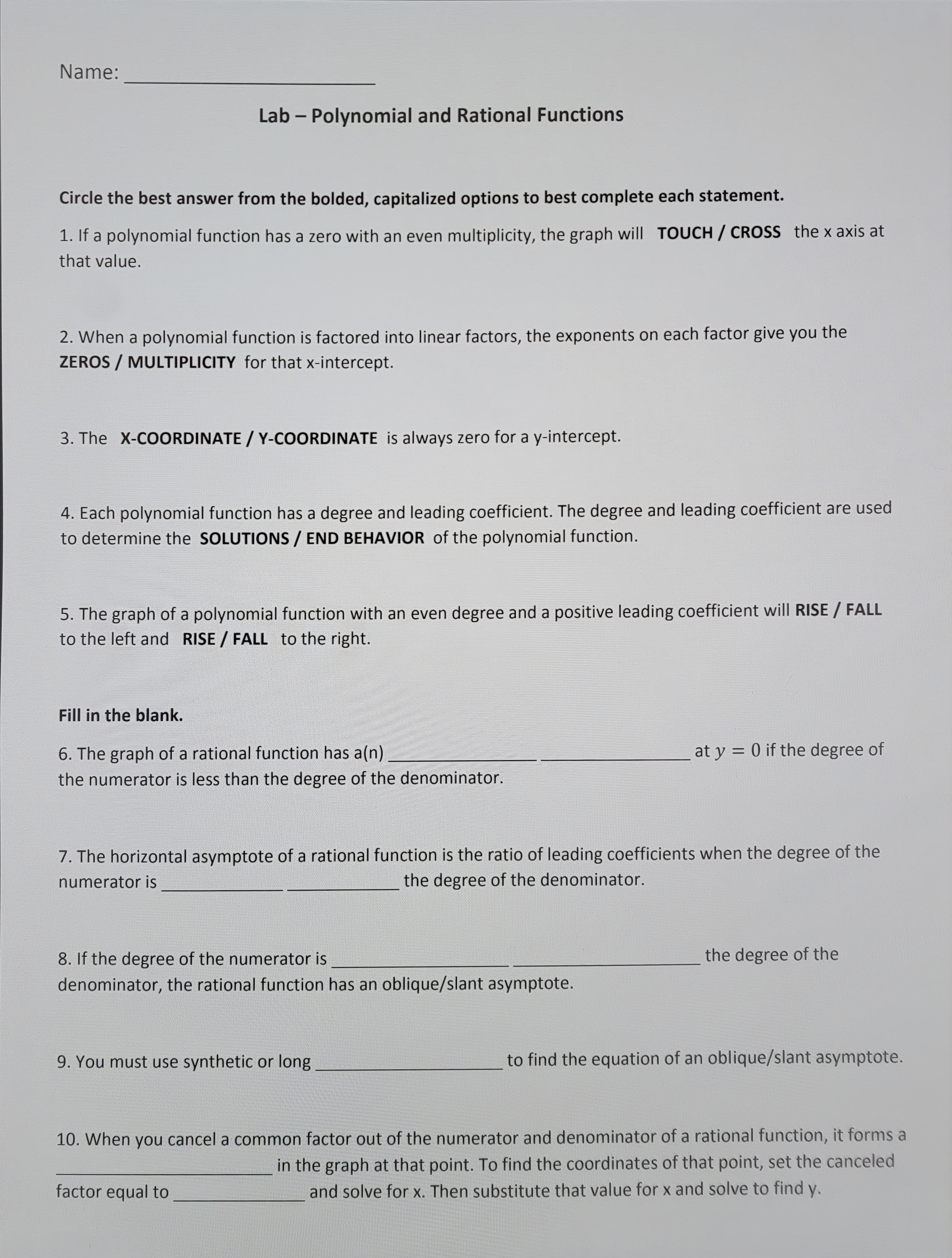 Name: Lab Polynomial and Rational Functions
