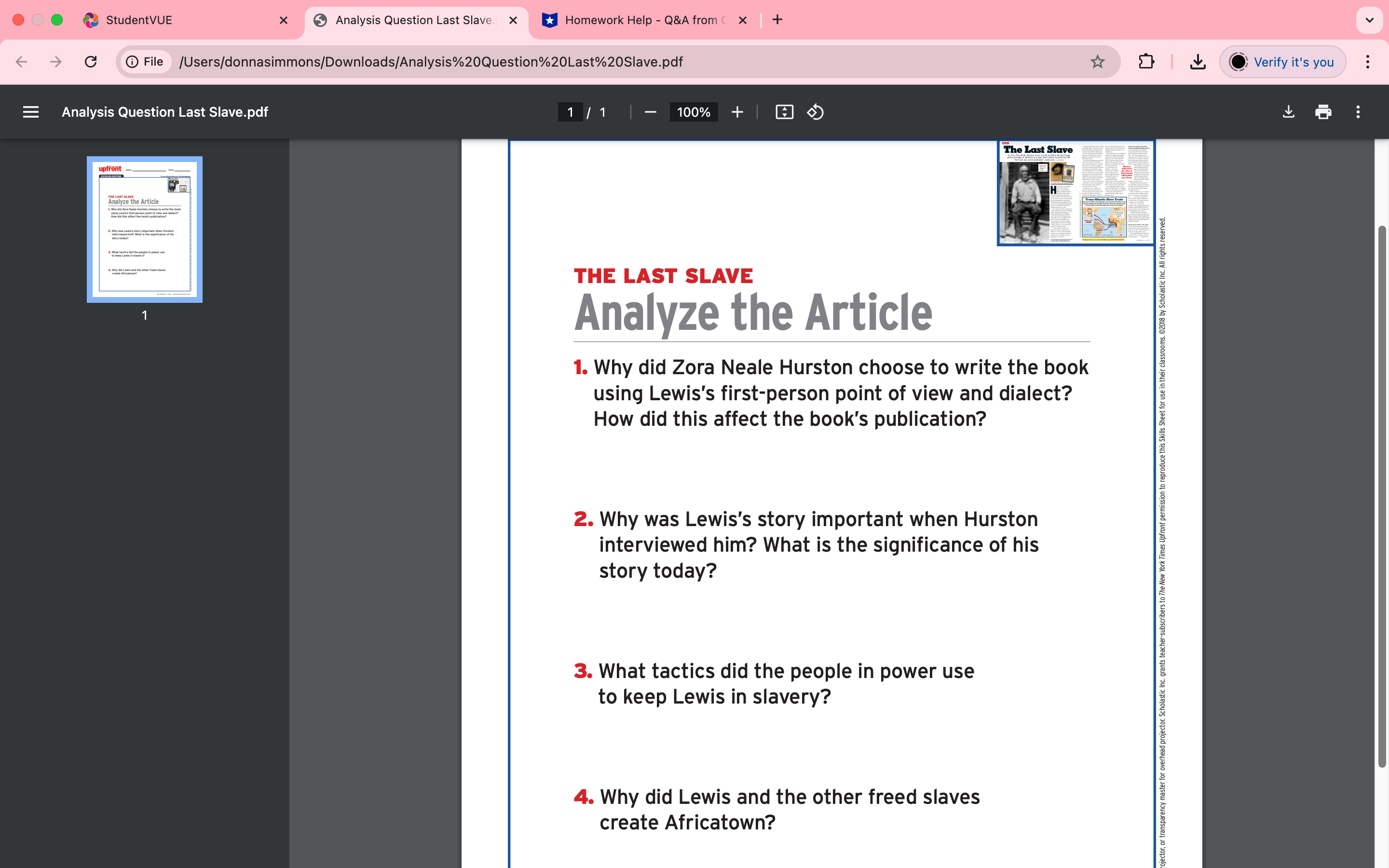 StudentVUE X Analysis Question Last Slave. X
