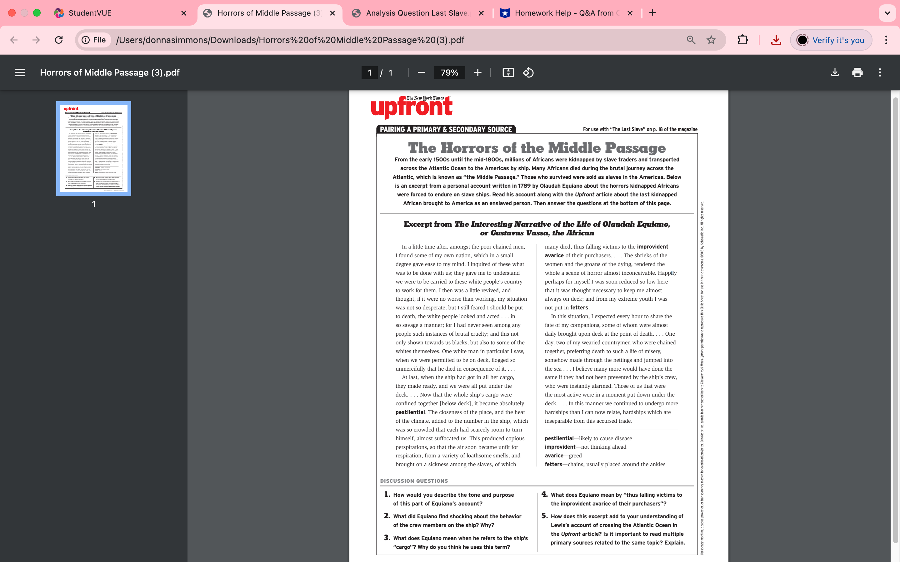 StudentVUE X Analysis Question Last Slave. X