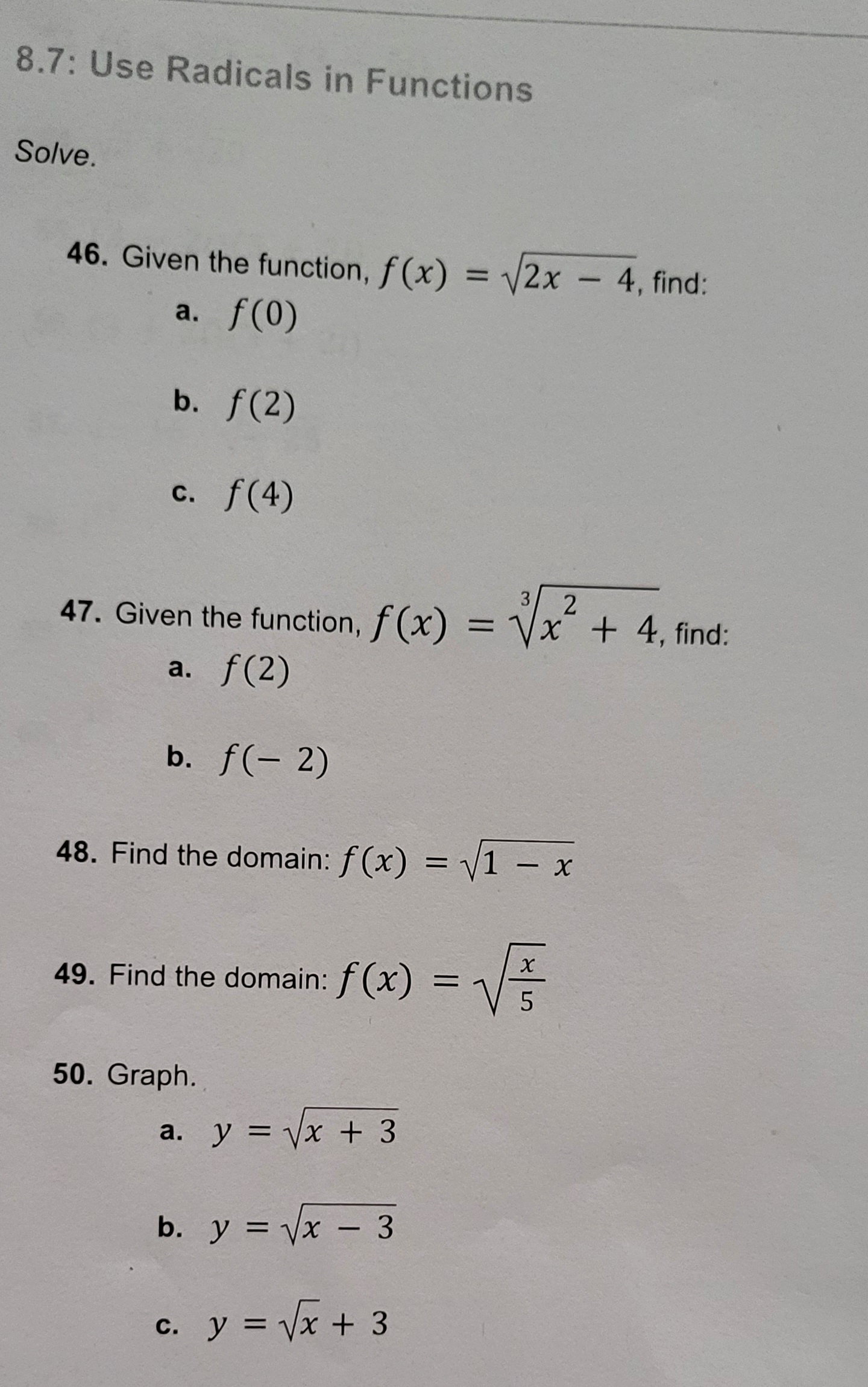8.7: Use Radicals in Functions Solve. 46. Given