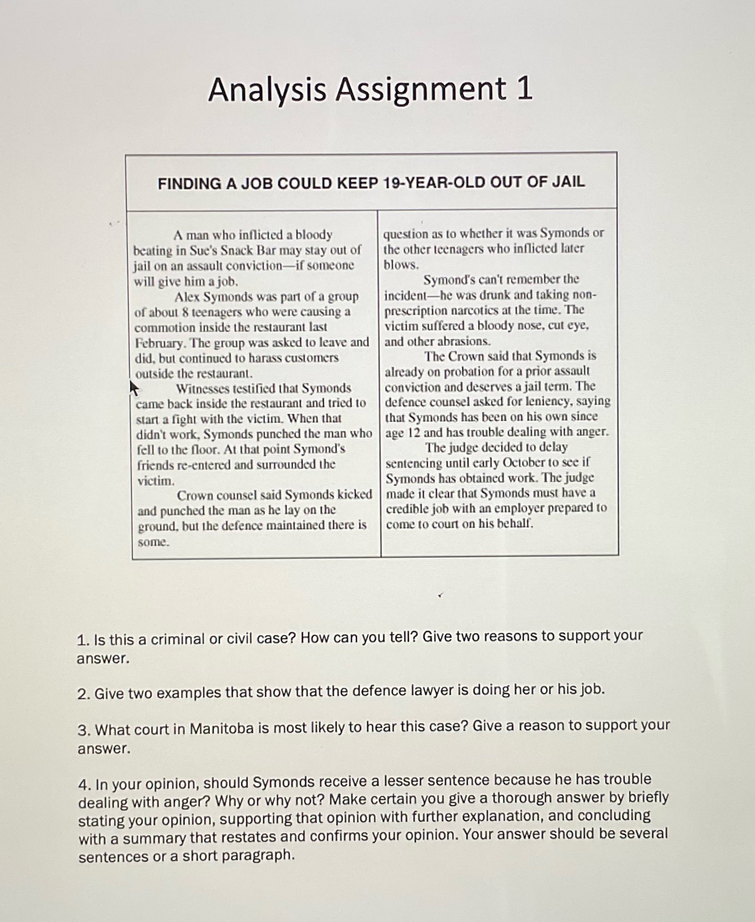 answer questions 1-4 Analysis Assignment 1