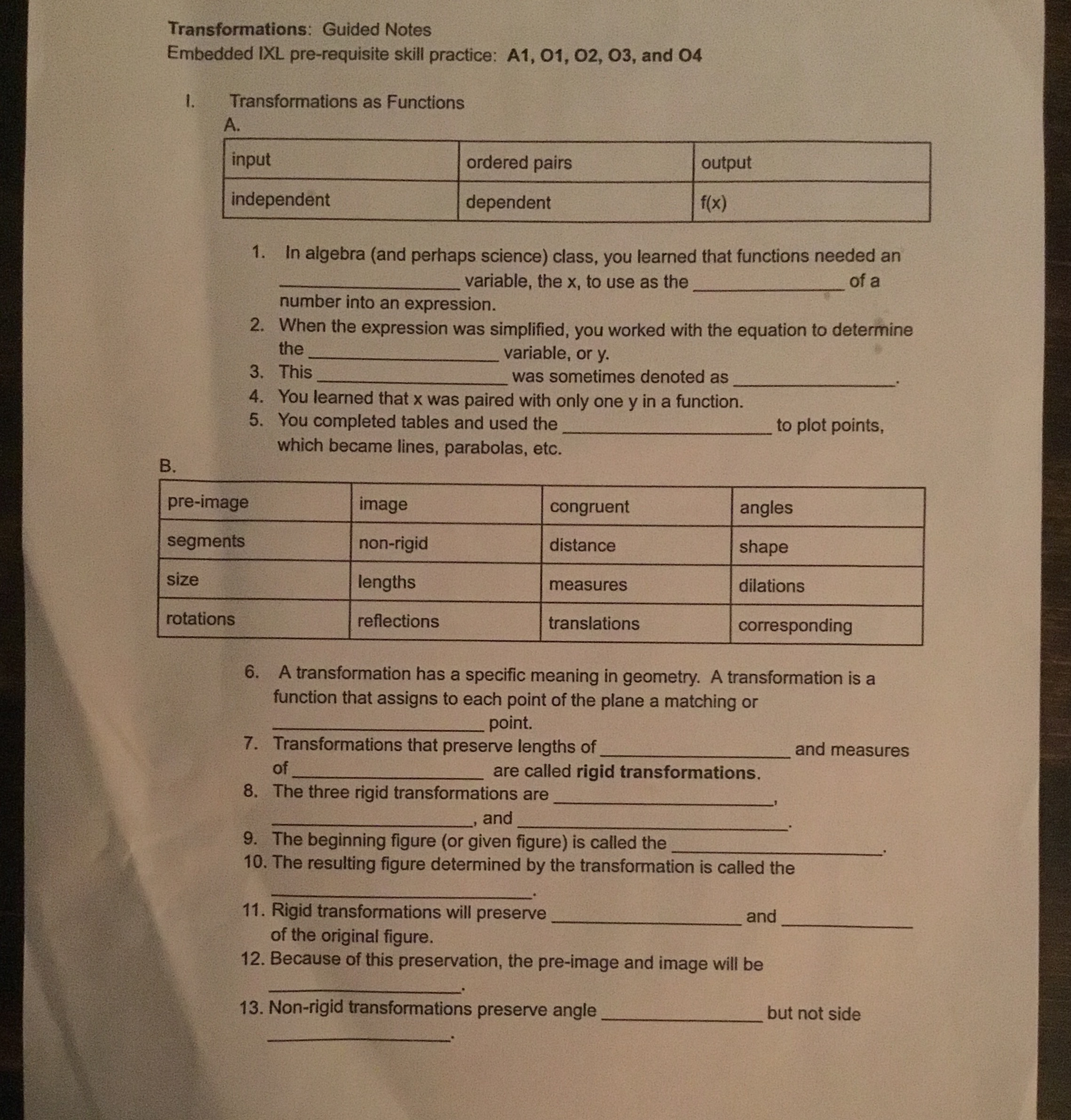 Transformations: Guided Notes Embedded IXL