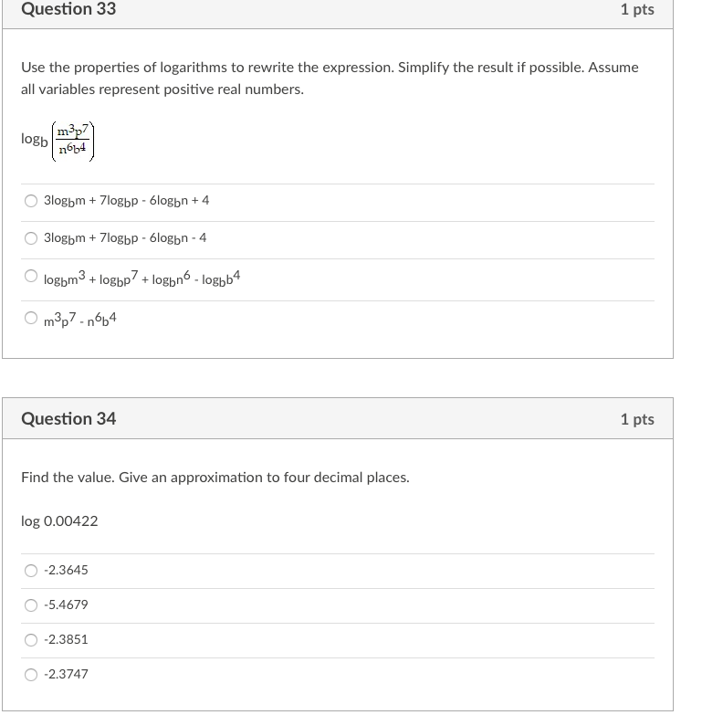 Question 31 1 pts Write in logarithmic form. 2-2