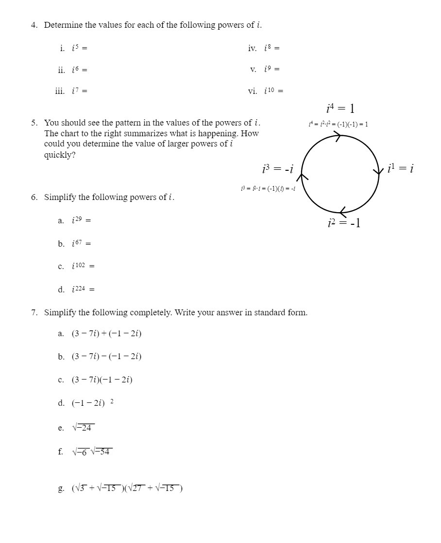 4. Determine the values for each of the following