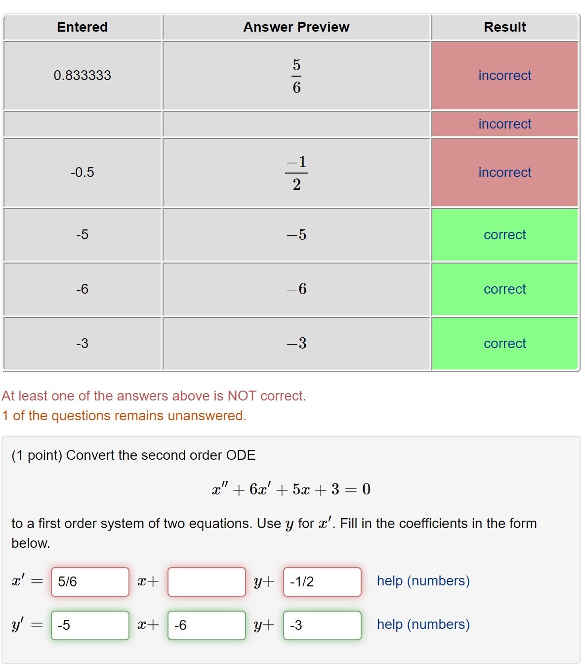 Entered Answer Preview Result 0.833333 incorrect