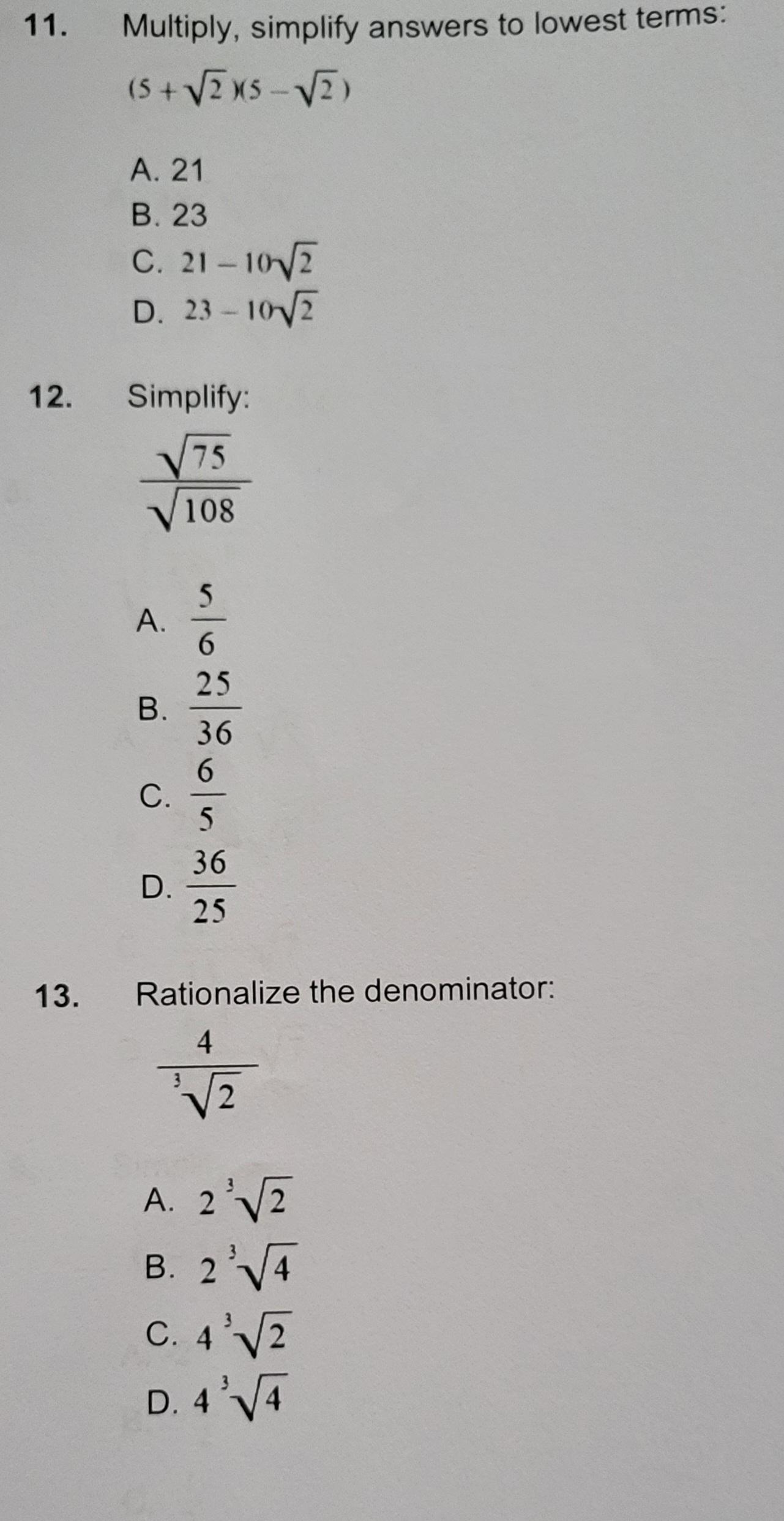 1 . Simplify: -81 A. -9 B. 9 C. 19 D. Null set 2.