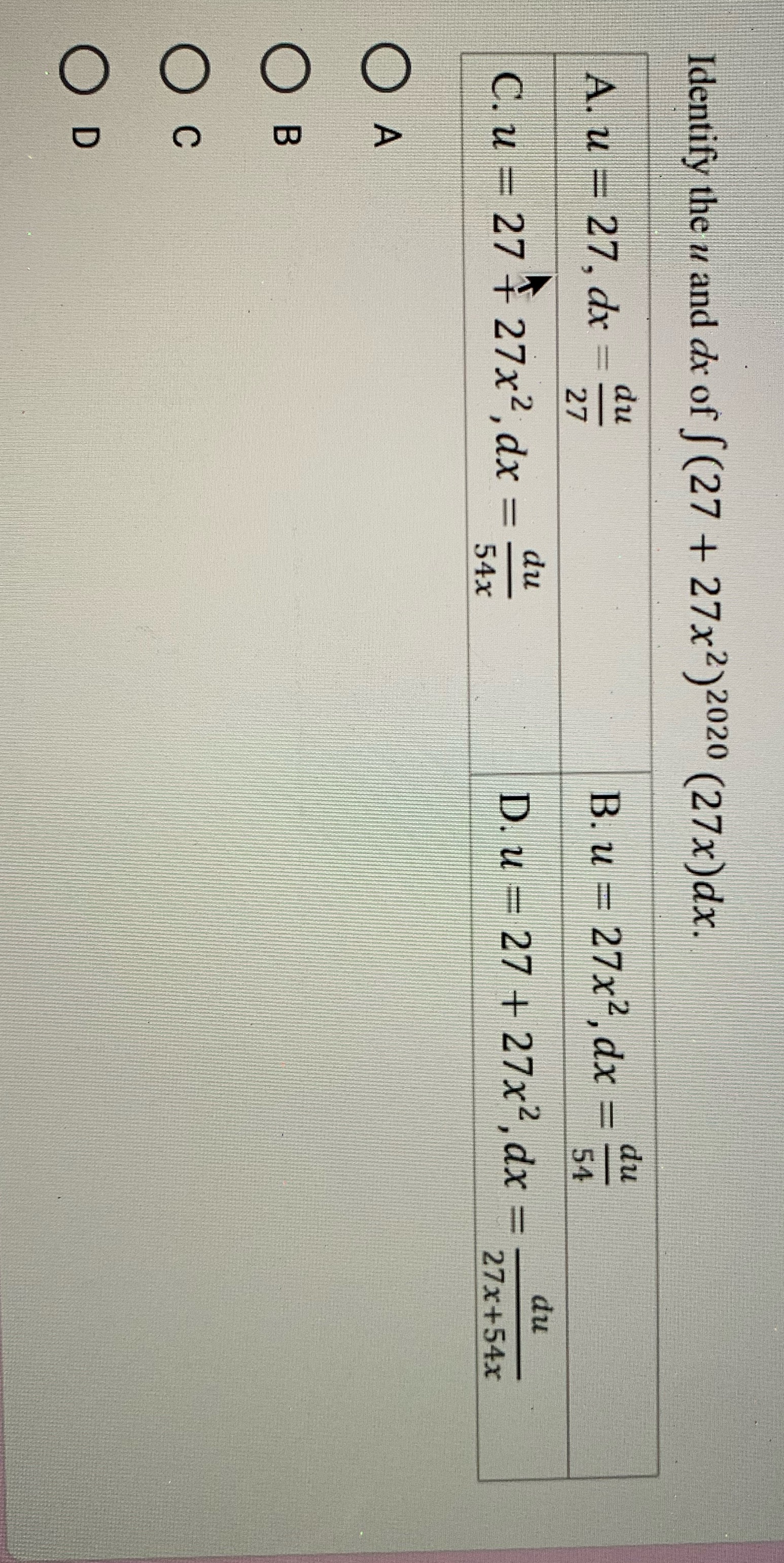 Identify the u and dx of f (27 + 27x2) 2020 (27x)