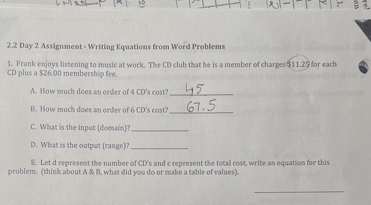 NO 2.2 Day 2 Assignment - Writing Equations from