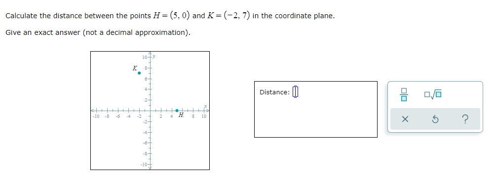 Calculate the distance between the points H: (5,
