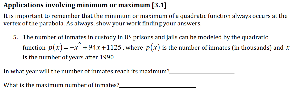 Applications involving minimum or maximum [3.1]