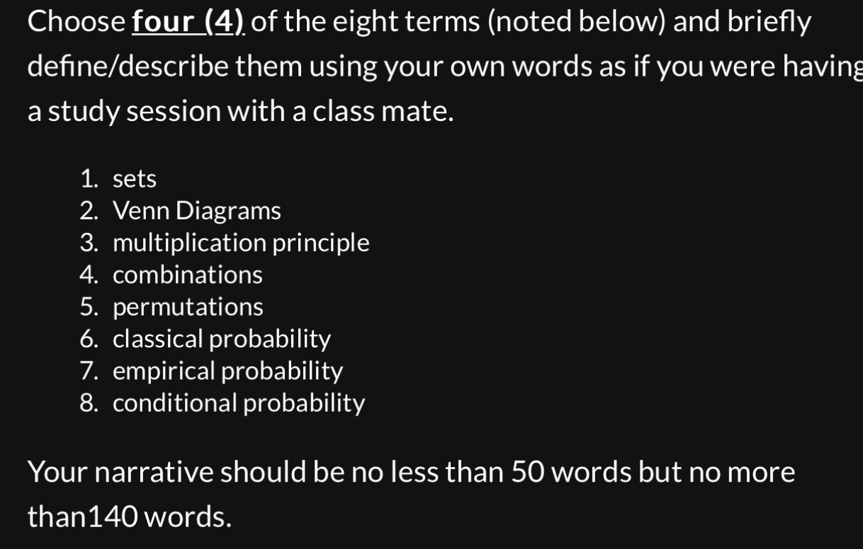 Choose four (4) of the eight terms (noted below)