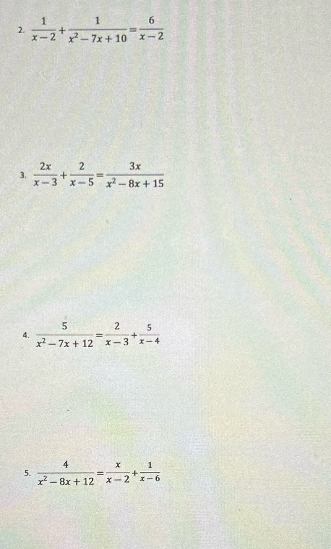 Find the restrictions on x. Solve each rational