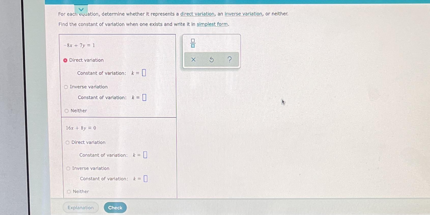 V For each equation, determine whether it