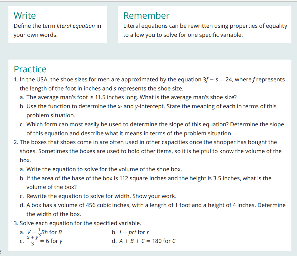 Write Remember Define the term literal equation