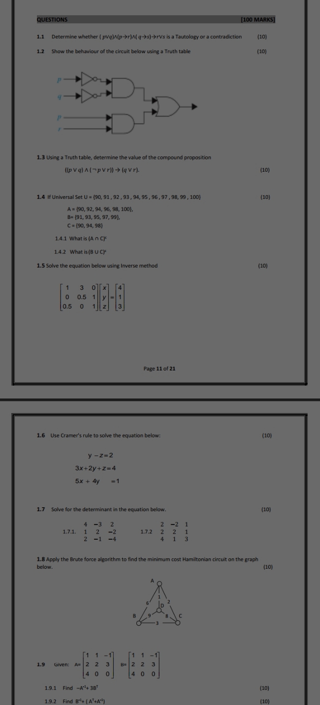 can leave out q 1.1 QUESTIONS [100 MARKS] 1.1