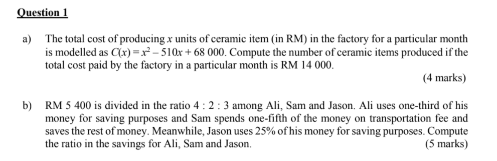 Question 1 a) The total cost of producing x units