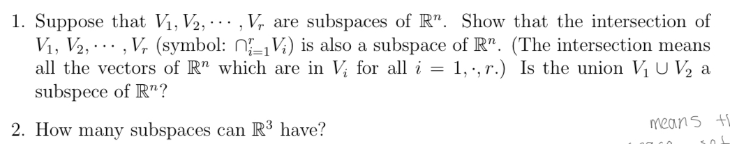 1. Suppose that V1, V2, . .. , V, are subspaces