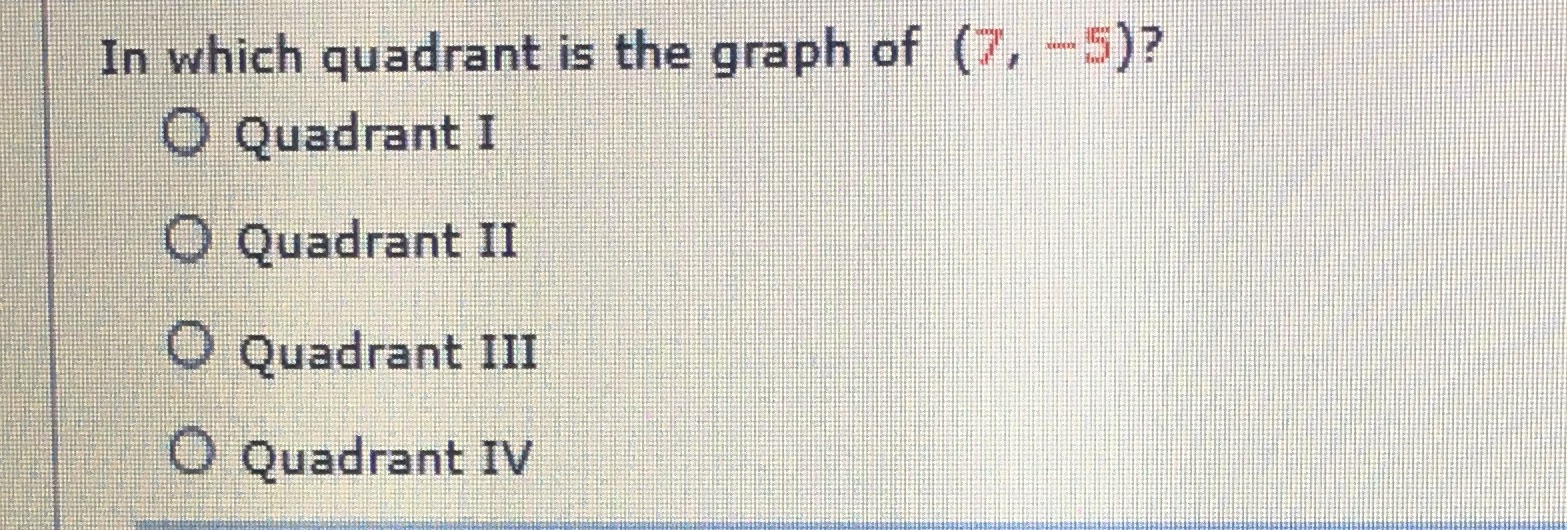 In which quadrant is the graph of (7, -5)? O