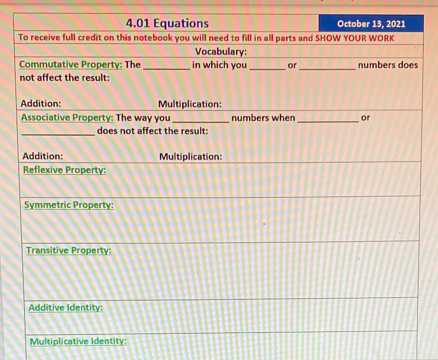 4.01 EquationsPLEASE ANSWER THE BLANKS AND PLEASE