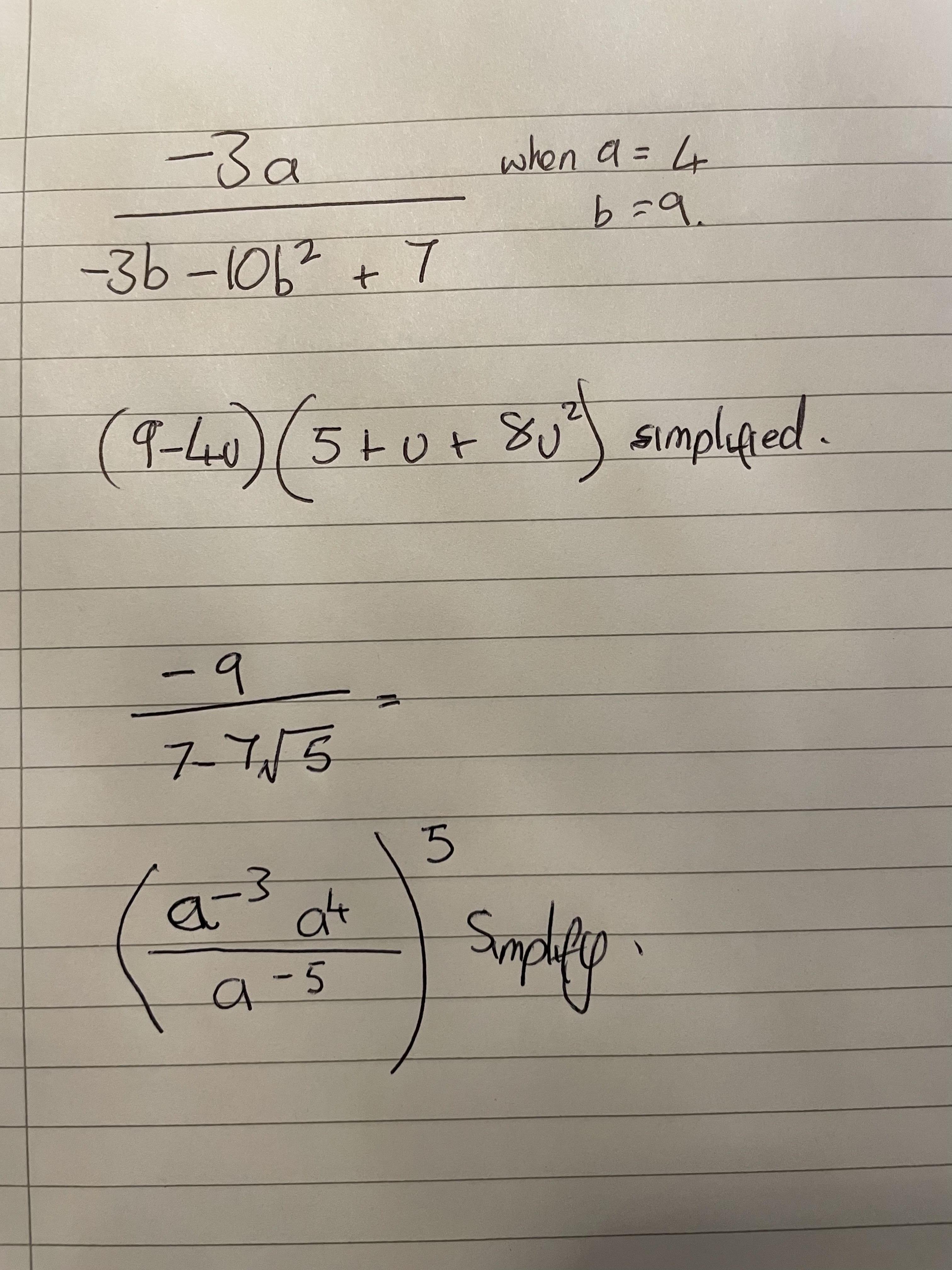 - 3a when a = 4 b = 9 -36-1062 + 7 9-40 (5+0+ 8 0