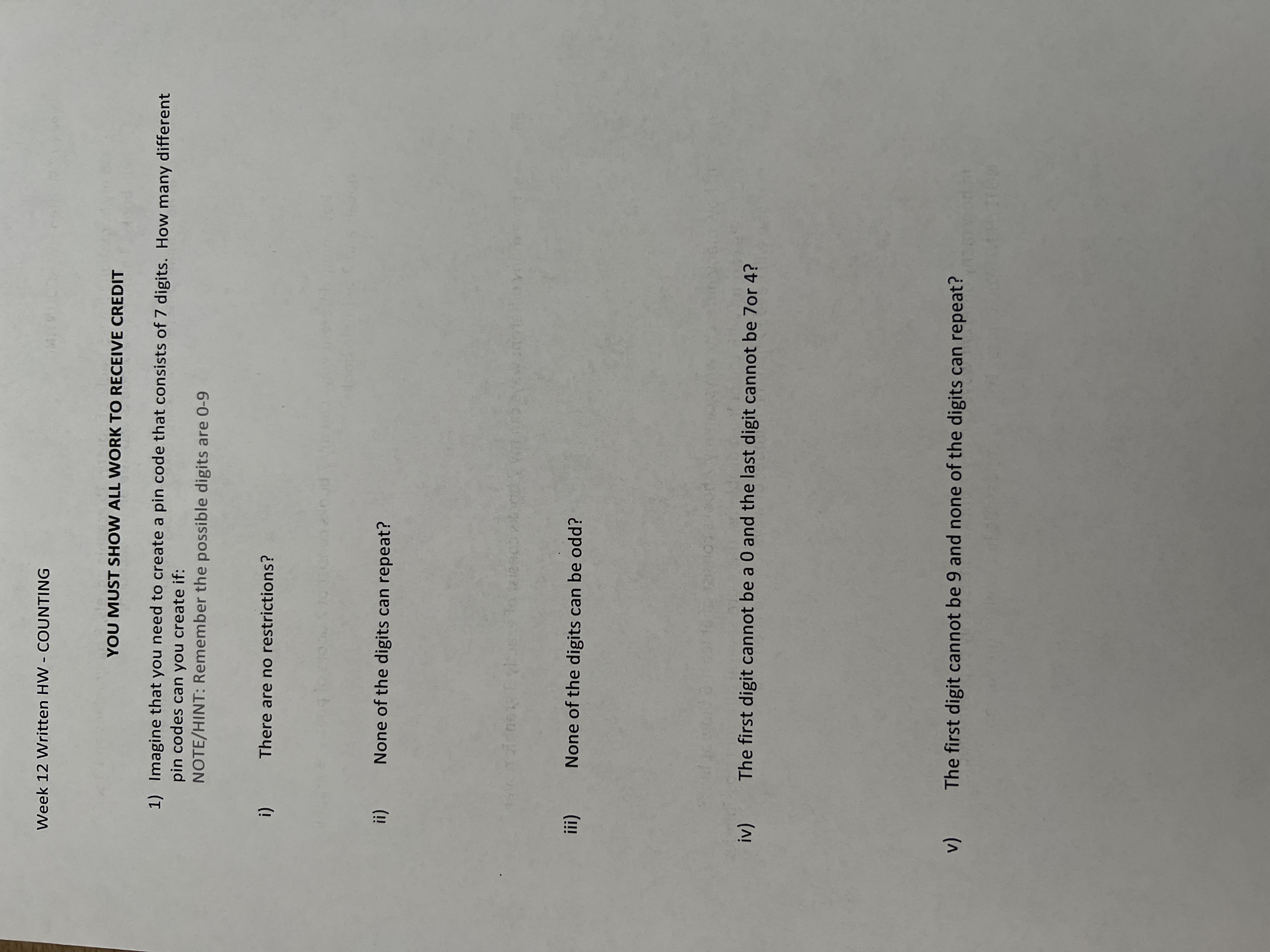 Week 12 Written HW - COUNTING YOU MUST SHOW ALL