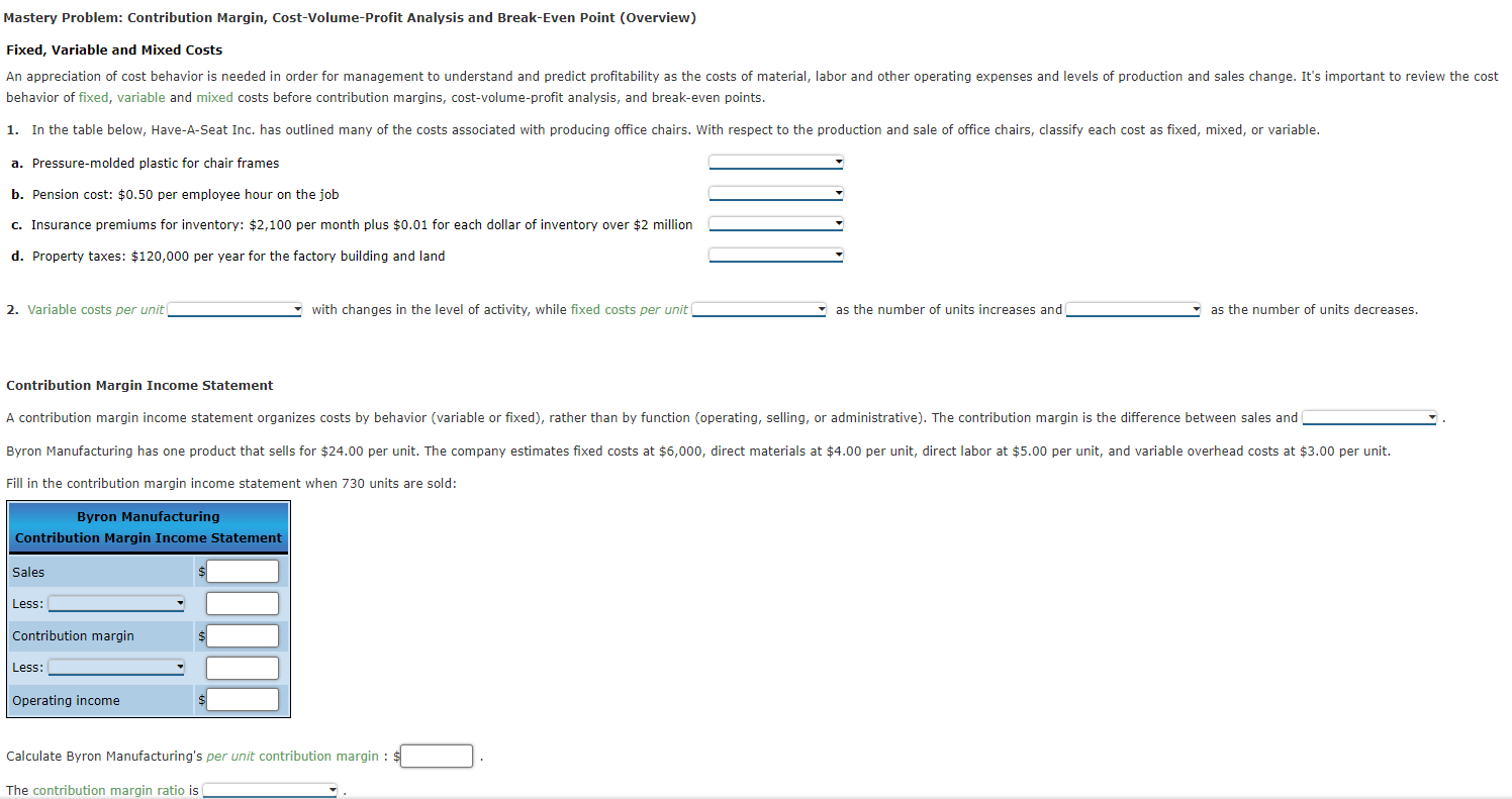 Mastery Problem: Contribution Margin,