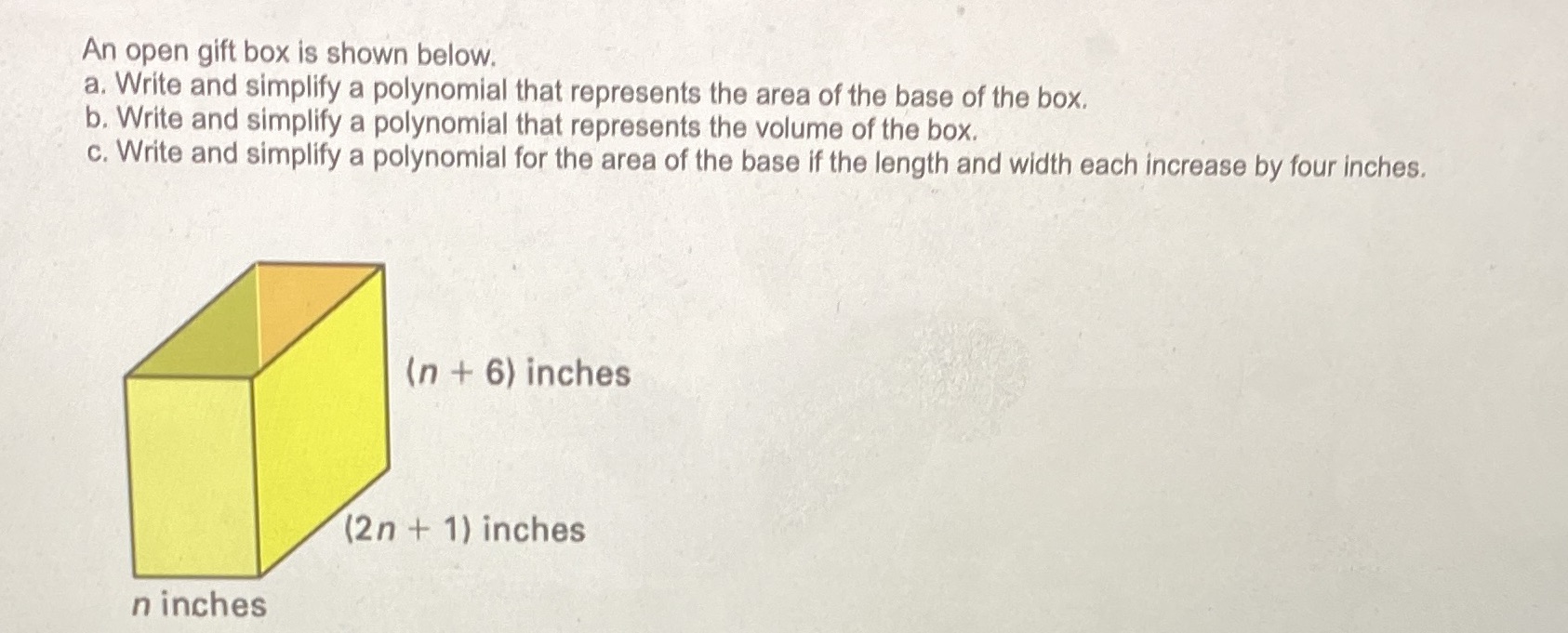 An open gift box is shown below. a, Write and