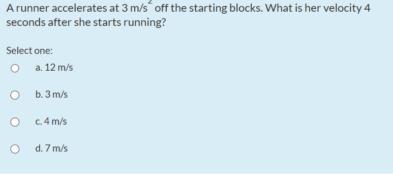 A runner accelerates at 3 m/s off the starting