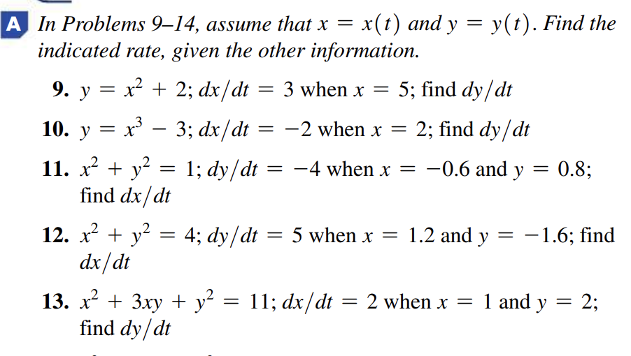 A In Problems 9-14, assume that x = x(t) and y =