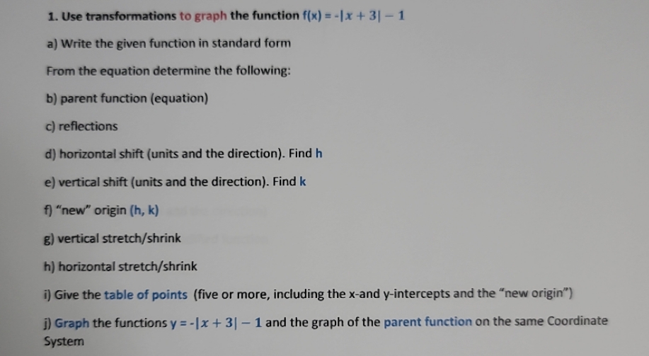 1. Use transformations to graph the function f(x)