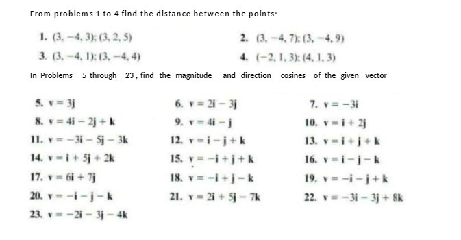 From problems 1 to 4 find the distance between