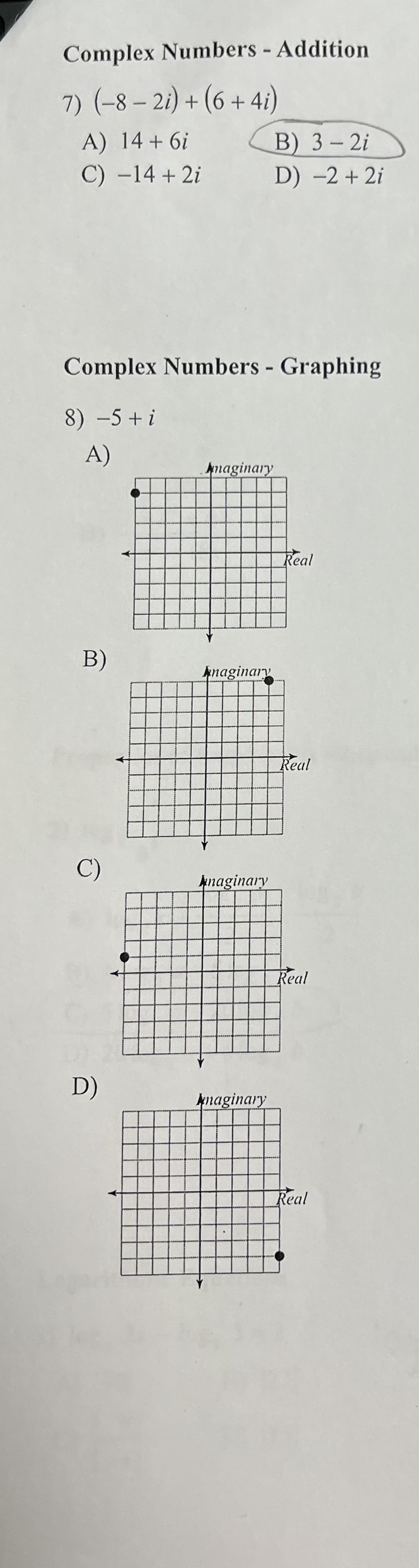 Please Help Complex Numbers - Addition 7) (-8-21)