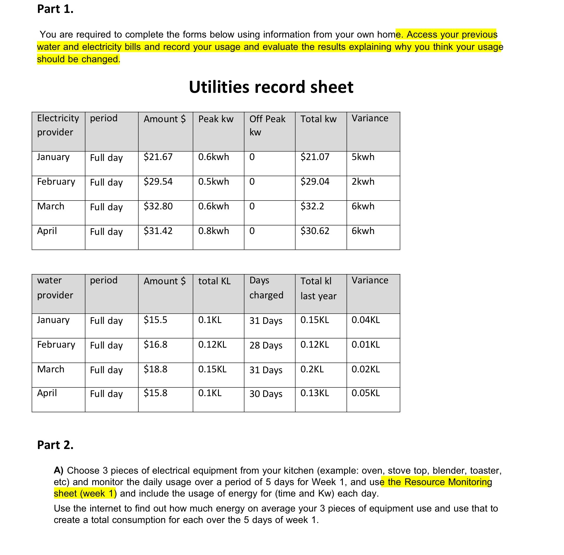 Part 1. You are required to complete the forms